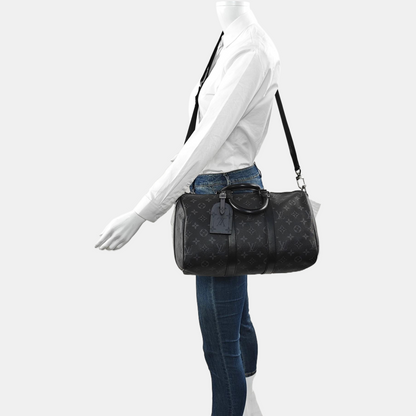 LOUIS VUITTON KEEPALL 35 Black Coated Canvas Monogram Single Shoulder Bag Handbag Crossbody Bag with Detachable Strap and Silver Hardware-(SKU)-967330082