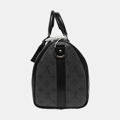 LOUIS VUITTON KEEPALL 35 Black Coated Canvas Monogram Single Shoulder Bag Handbag Crossbody Bag with Detachable Strap and Silver Hardware-(SKU)-967330082