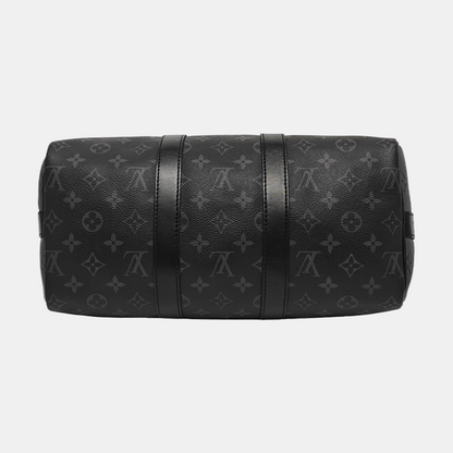 LOUIS VUITTON KEEPALL 35 Black Coated Canvas Monogram Single Shoulder Bag Handbag Crossbody Bag with Detachable Strap and Silver Hardware-(SKU)-967330082