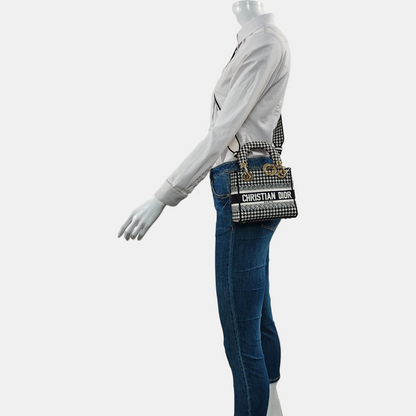 DIOR Lady Dior Mini Black Canvas Embroidered Shoulder Bag Tote Crossbody Bag with Detachable Strap-(SKU)-967459820