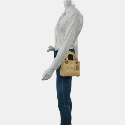 DIOR Lady Dior Mini Light Yellow Lamb Skin Quilted Three Compartments Shoulder Bag Tote Crossbody Bag with Detachable Strap-(SKU)-967633936