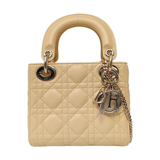 DIOR Lady Dior Mini Light Yellow Lamb Skin Quilted Three Compartments Shoulder Bag Tote Crossbody Bag with Detachable Strap-(SKU)-967633936