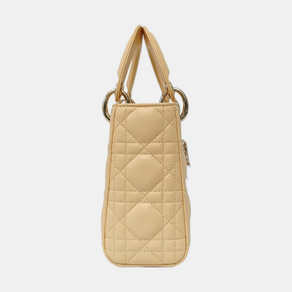 DIOR Lady Dior Mini Light Yellow Lamb Skin Quilted Three Compartments Shoulder Bag Tote Crossbody Bag with Detachable Strap-(SKU)-967633936