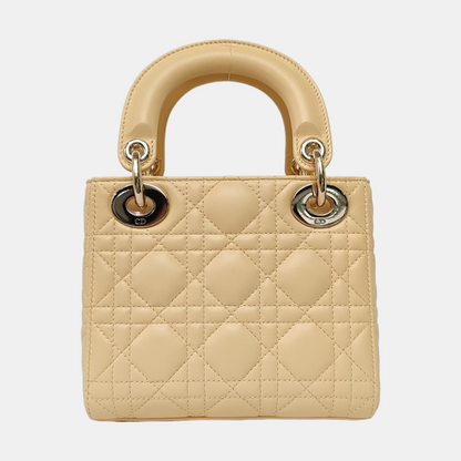 DIOR Lady Dior Mini Light Yellow Lamb Skin Quilted Three Compartments Shoulder Bag Tote Crossbody Bag with Detachable Strap-(SKU)-967633936