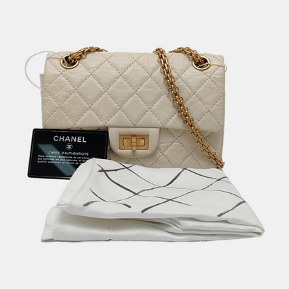 CHANEL 2.55 Mini White Calfskin Quilted Single Shoulder Bag Crossbody with Gold Hardware, 30 Clasp-(SKU)-967684071