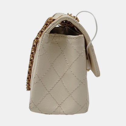 CHANEL 2.55 Mini White Calfskin Quilted Single Shoulder Bag Crossbody with Gold Hardware, 30 Clasp-(SKU)-967684071