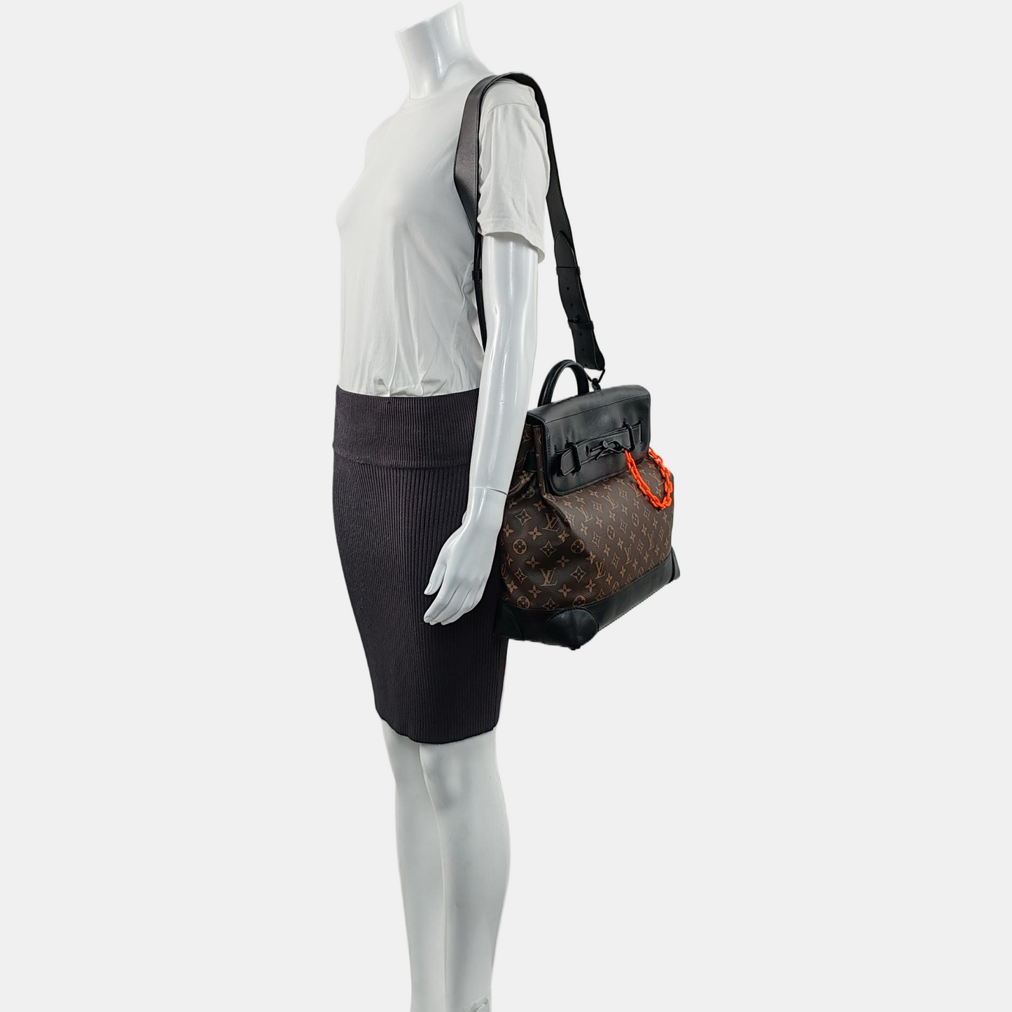 LOUIS VUITTON STEAMER Brown Coated Canvas Monogram Shoulder Bag Tote Bag Crossbody Bag Black Orange Hardware Removable Strap-(SKU)-967590852