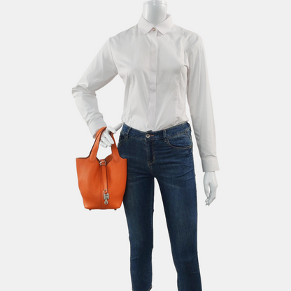 HERMÈS Picotin Lock 18 Orange Clemence Calfskin Basket Bag with Silver Hardware-(SKU)-967684097