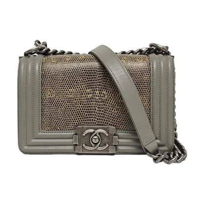 CHANEL BOY CHANEL small size grey lizard skin quilted crossbody bag with 19 chain links, palladium hardware, detachable strap-(SKU)-967359971