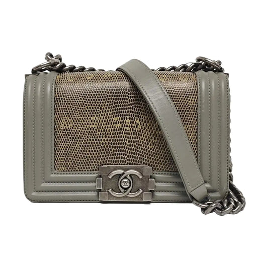 CHANEL BOY CHANEL small size grey lizard skin quilted crossbody bag with 19 chain links, palladium hardware, detachable strap-(SKU)-967359971