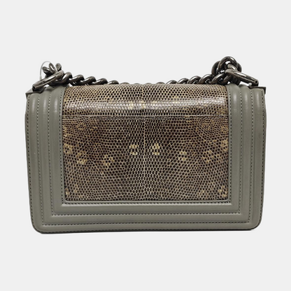 CHANEL BOY CHANEL small size grey lizard skin quilted crossbody bag with 19 chain links, palladium hardware, detachable strap-(SKU)-967359971