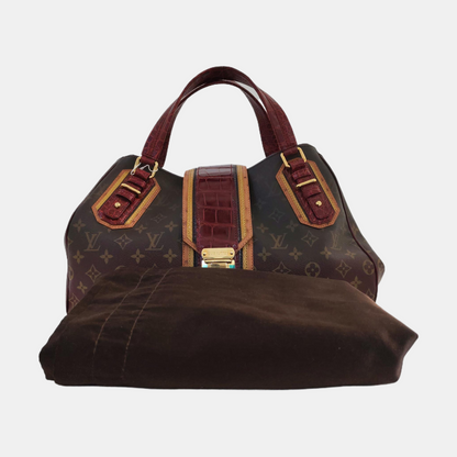 LOUIS VUITTON GRIET Brown Coated Canvas Monogram Crocodile Embossed Handbag with Gold Hardware-(SKU)-967372524