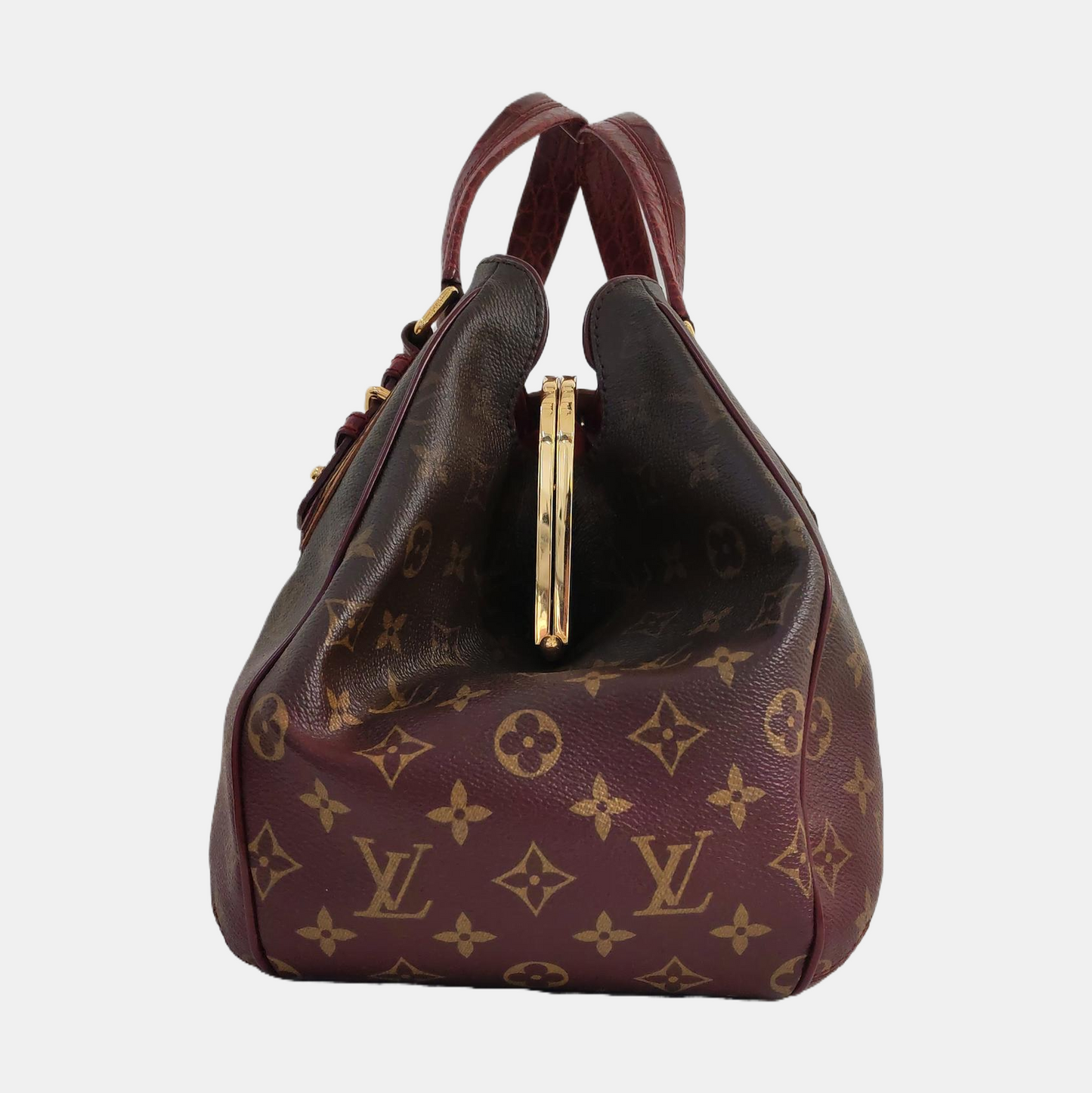 LOUIS VUITTON GRIET Brown Coated Canvas Monogram Crocodile Embossed Handbag with Gold Hardware-(SKU)-967372524