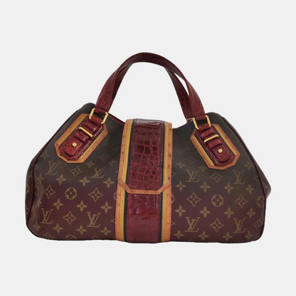 LOUIS VUITTON GRIET Brown Coated Canvas Monogram Crocodile Embossed Handbag with Gold Hardware-(SKU)-967372524