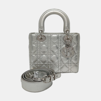 DIOR Lady Dior Small Size Silver Calfskin Quilted Cannage Four Shoulder Bag, Crossbody Bag, Handbag with Detachable Strap-(SKU)-967528877