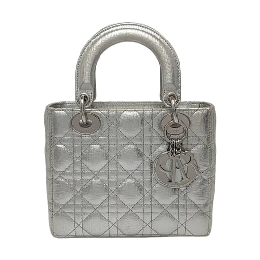 DIOR Lady Dior Small Size Silver Calfskin Quilted Cannage Four Shoulder Bag, Crossbody Bag, Handbag with Detachable Strap-(SKU)-967528877