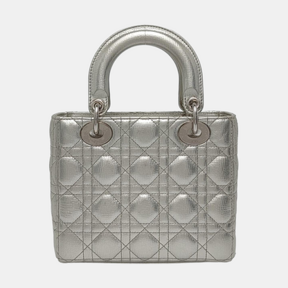 DIOR Lady Dior Small Size Silver Calfskin Quilted Cannage Four Shoulder Bag, Crossbody Bag, Handbag with Detachable Strap-(SKU)-967528877