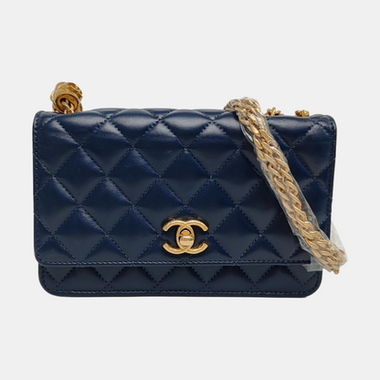 CHANEL 24B Dark Blue Lamb Skin Diamond Quilted Shoulder Bag Crossbody Bag Golden Hardware-(SKU)-965304712