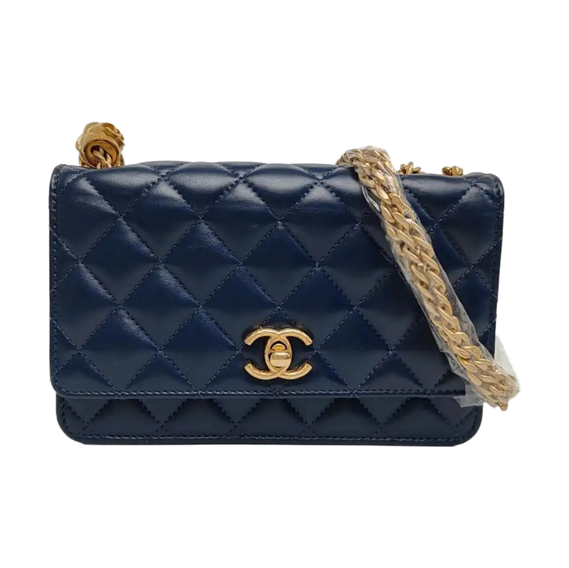 CHANEL 24B Dark Blue Lamb Skin Diamond Quilted Shoulder Bag Crossbody Bag Golden Hardware-(SKU)-965304712