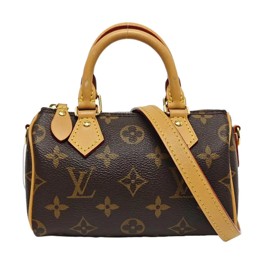 LOUIS VUITTON SPEEDY Nano Brown Coated Canvas Monogram Boston Bag Shoulder Bag Handbag Crossbody Bag Detachable Strap Golden Hardware Complete Accessories-(SKU)-967404325