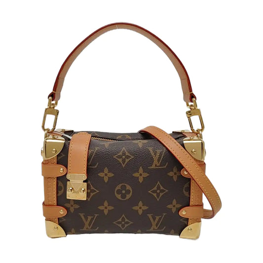 LOUIS VUITTON SIDE TRUNK Small Size Brown Coated Canvas Monogram Embossed Riveted Soft Box Shoulder Bag Tote Bag Crossbody Bag Gold Hardware Two Removable Straps-(SKU)-967707192