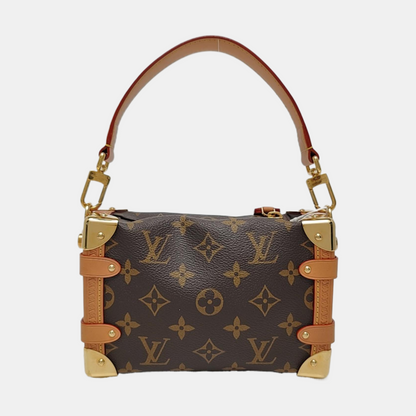 LOUIS VUITTON SIDE TRUNK Small Size Brown Coated Canvas Monogram Embossed Riveted Soft Box Shoulder Bag Tote Bag Crossbody Bag Gold Hardware Two Removable Straps-(SKU)-967707192
