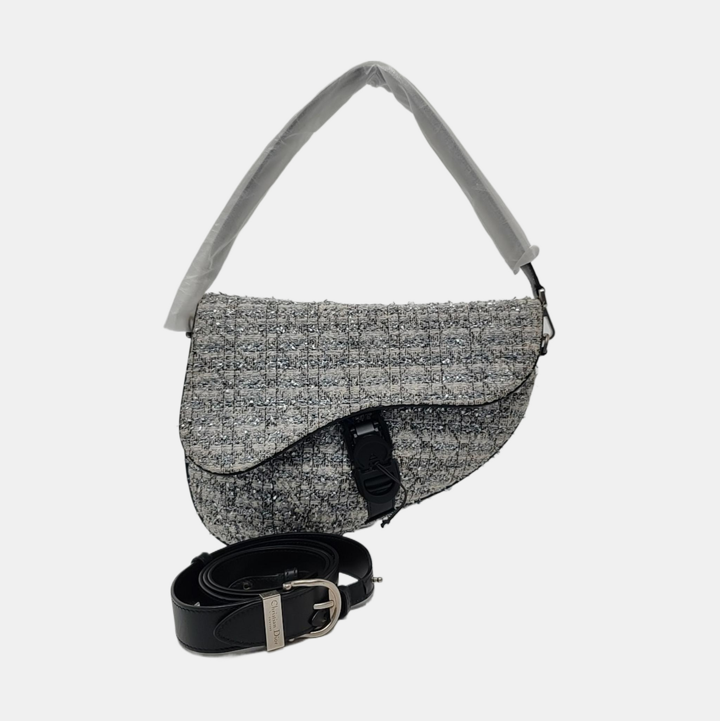 DIOR Saddle silver wool Cannage pattern saddle bag, shoulder bag, crossbody bag, handbag with silver hardware and 2 detachable straps-(SKU)-967667000