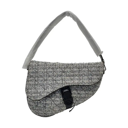 DIOR Saddle silver wool Cannage pattern saddle bag, shoulder bag, crossbody bag, handbag with silver hardware and 2 detachable straps-(SKU)-967667000