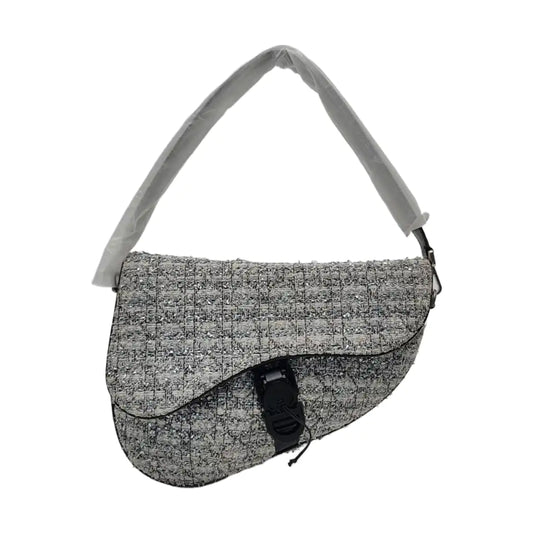 DIOR Saddle silver wool Cannage pattern saddle bag, shoulder bag, crossbody bag, handbag with silver hardware and 2 detachable straps-(SKU)-967667000