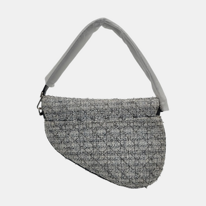 DIOR Saddle silver wool Cannage pattern saddle bag, shoulder bag, crossbody bag, handbag with silver hardware and 2 detachable straps-(SKU)-967667000