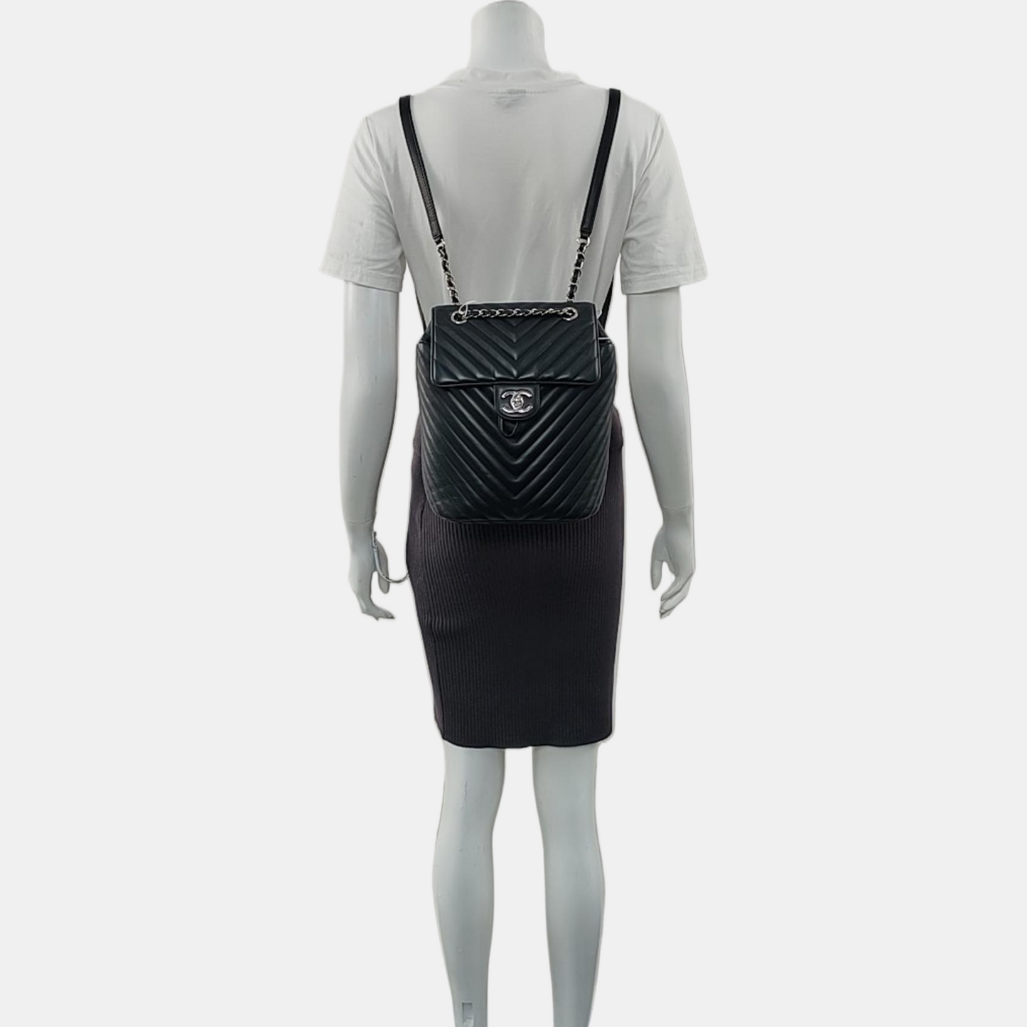 CHANEL URBAN SPIRIT Small Black Calfskin V-Shape Backpack with Silver Hardware, 22 compartments-(SKU)-967953802