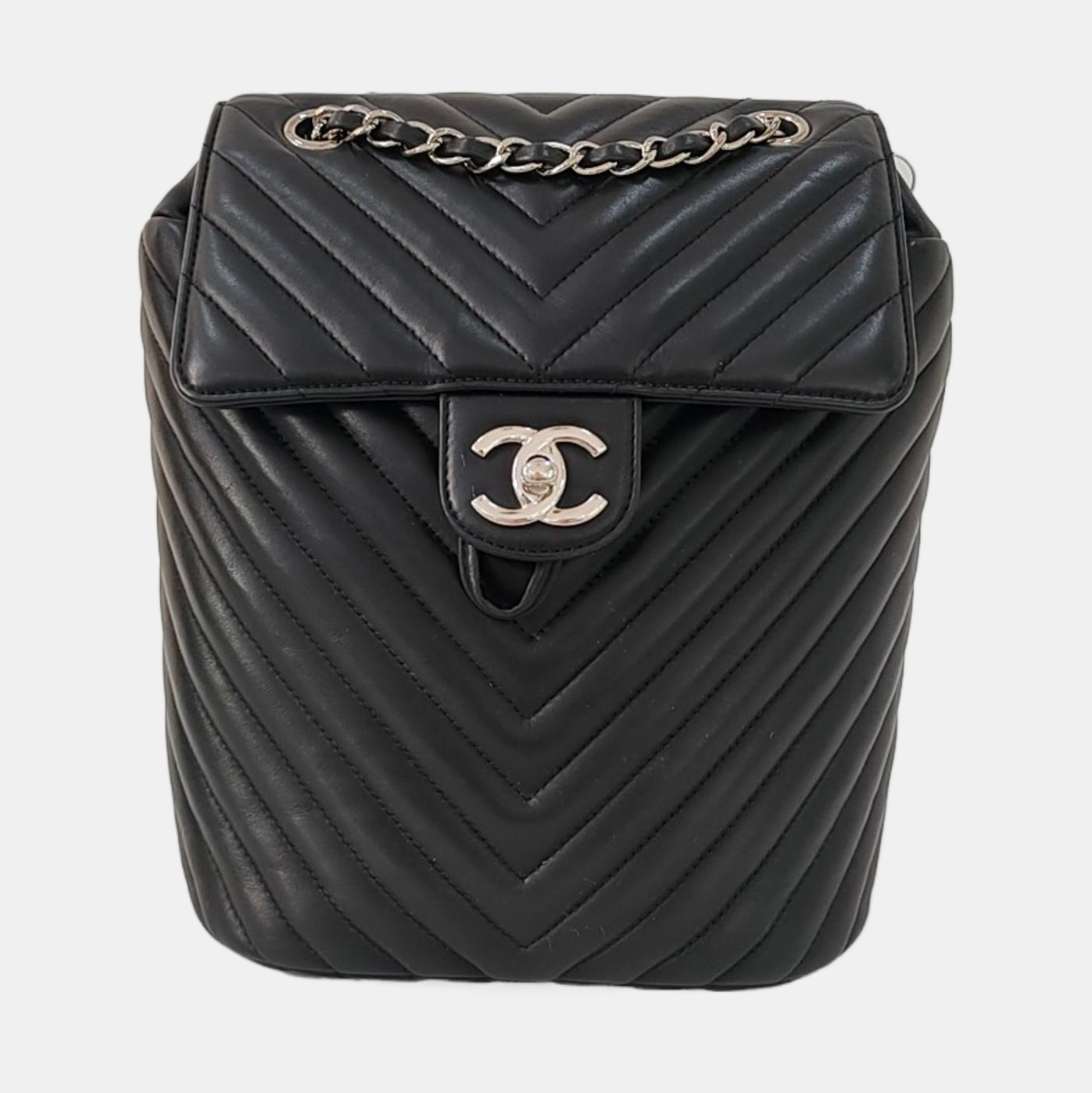 CHANEL URBAN SPIRIT Small Black Calfskin V-Shape Backpack with Silver Hardware, 22 compartments-(SKU)-967953802