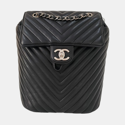 CHANEL URBAN SPIRIT Small Black Calfskin V-Shape Backpack with Silver Hardware, 22 compartments-(SKU)-967953802
