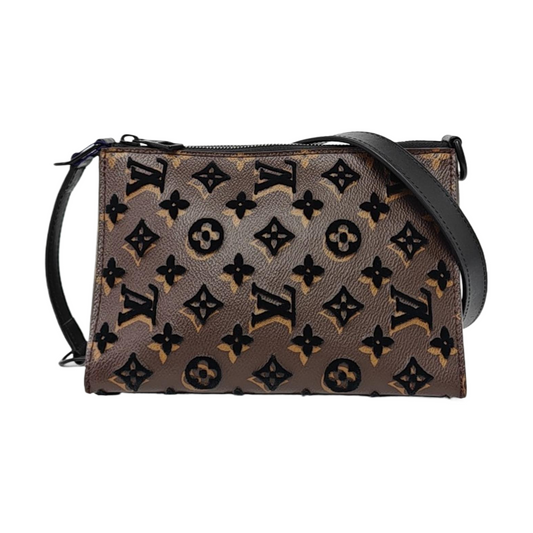 LOUIS VUITTON TRIANGLE Brown Coated Canvas Monogram Embroidered Messenger Bag Crossbody Handbag Shoulder Bag Black Hardware Detachable Strap-(SKU)-965410555