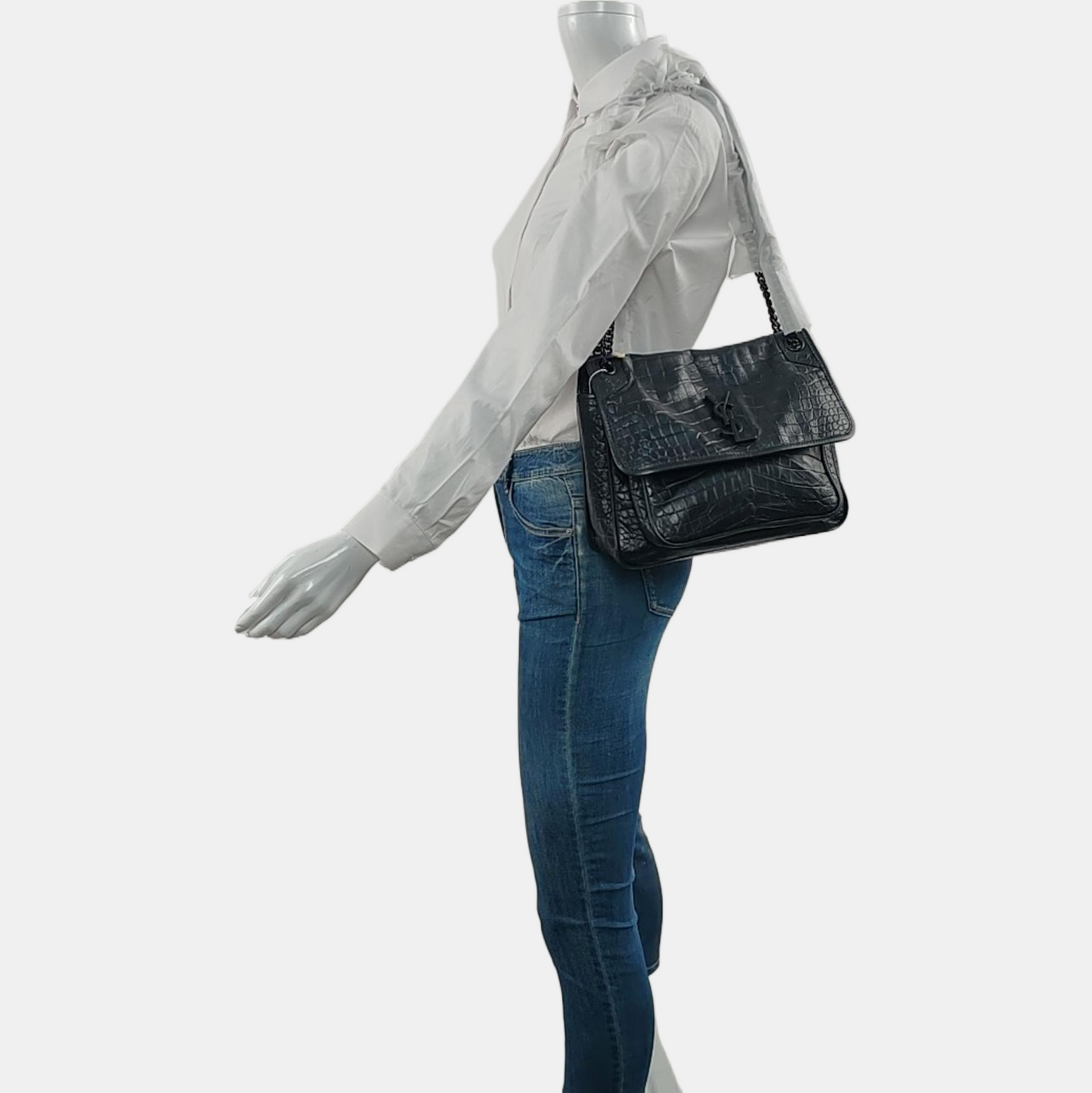 YSL NIKI Medium Size Black Calf Leather Embossed Crossbody Bag Handbag Single Shoulder Bag Black Hardware-(SKU)-967755716