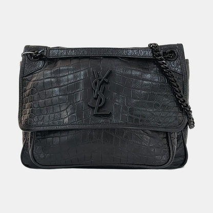 YSL NIKI Medium Size Black Calf Leather Embossed Crossbody Bag Handbag Single Shoulder Bag Black Hardware-(SKU)-967755716