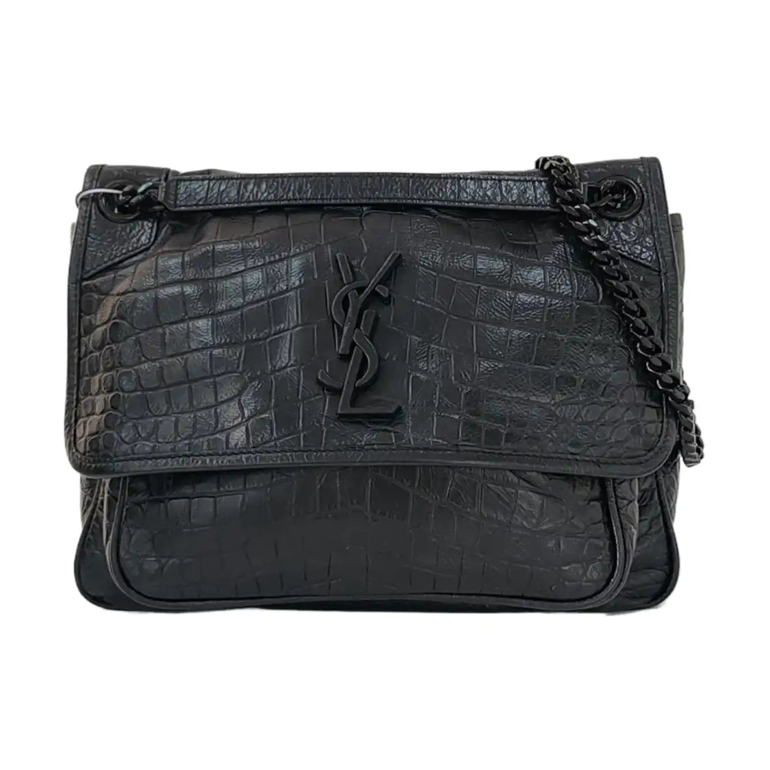 YSL NIKI Medium Size Black Calf Leather Embossed Crossbody Bag Handbag Single Shoulder Bag Black Hardware-(SKU)-967755716