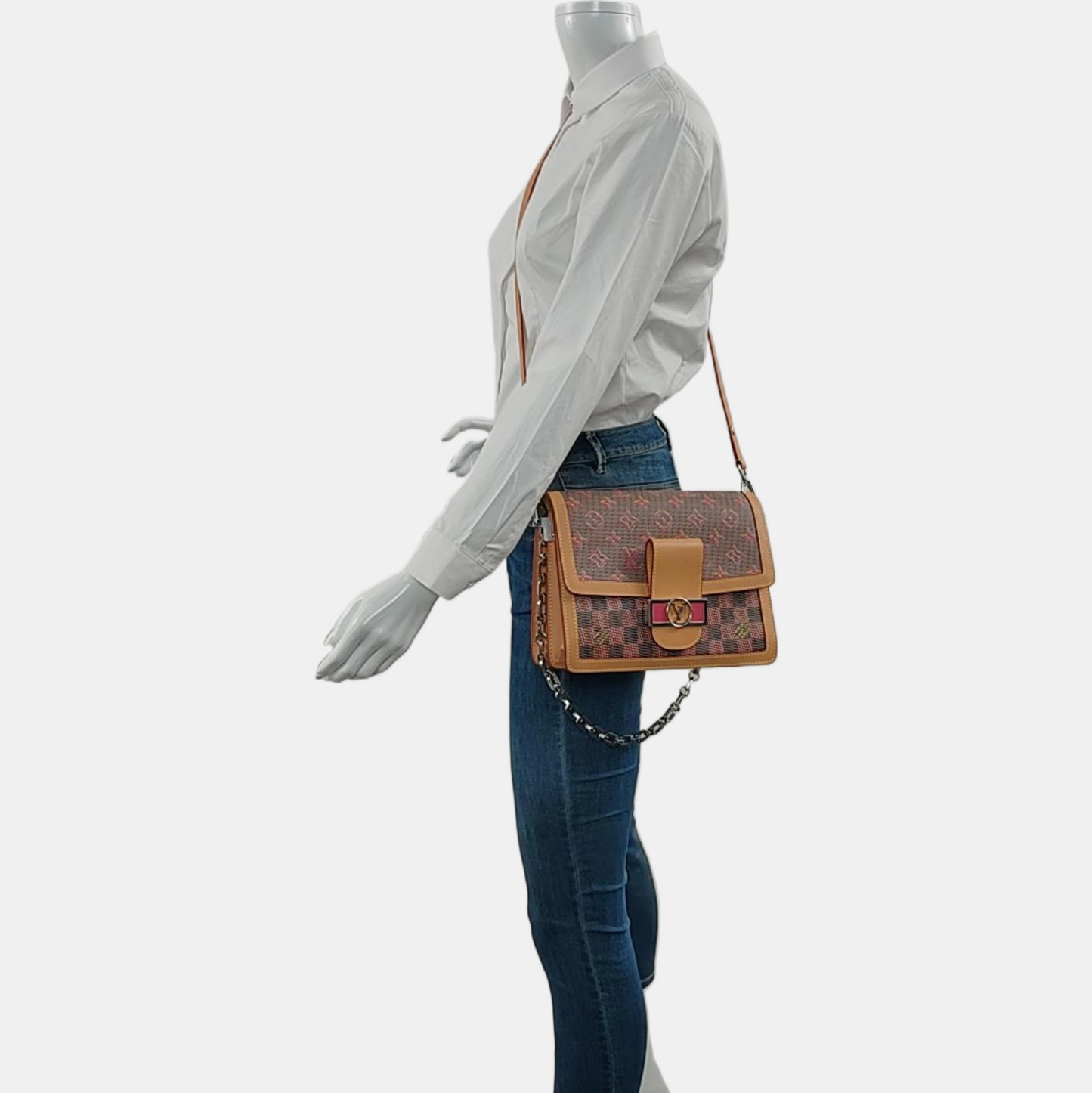 LOUIS VUITTON DAUPHINE Medium Red Calfskin Monogram Checkerboard Dauphine Single Shoulder Bag Sling Bag Silver Hardware 2 Removable Straps-(SKU)-967790529