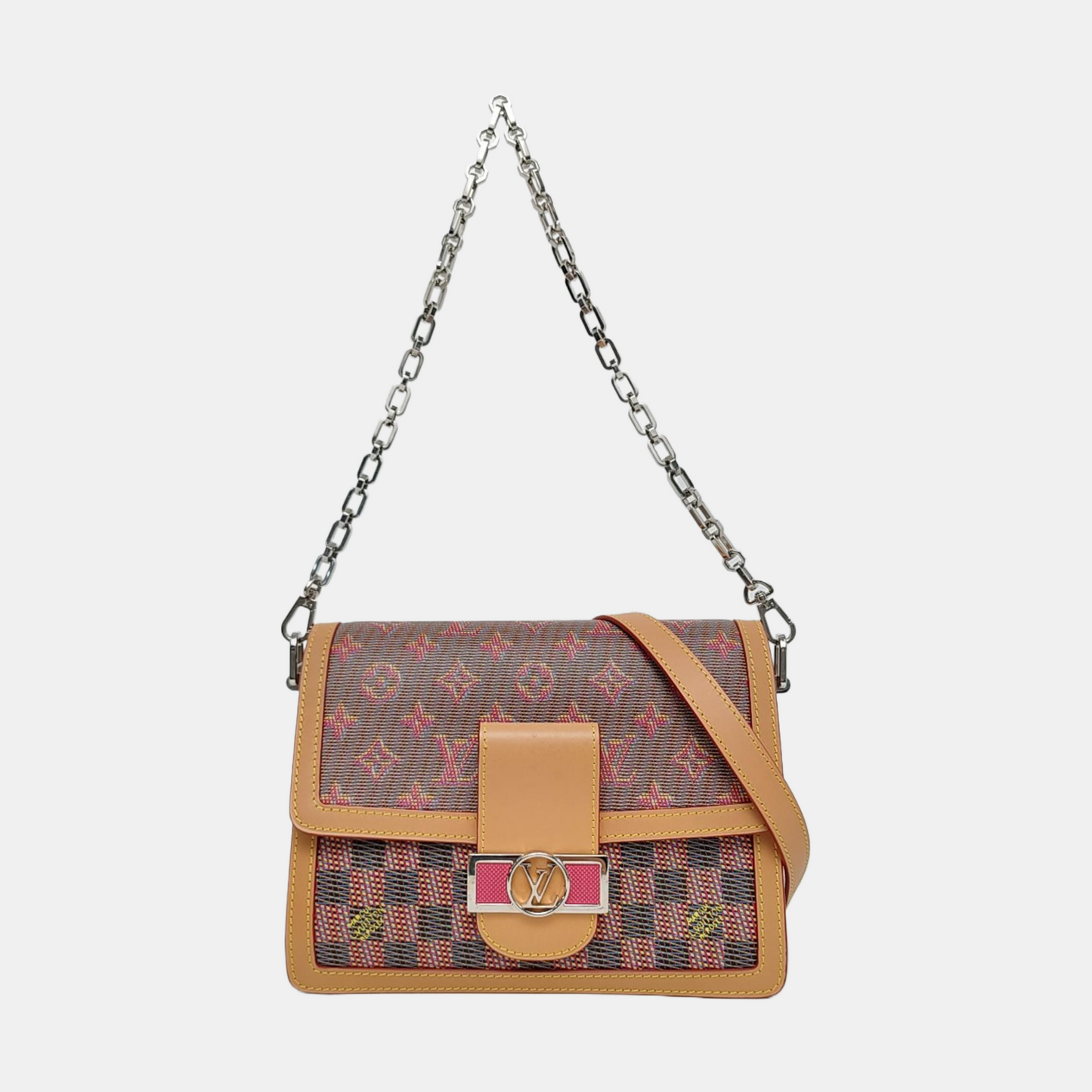 LOUIS VUITTON DAUPHINE Medium Red Calfskin Monogram Checkerboard Dauphine Single Shoulder Bag Sling Bag Silver Hardware 2 Removable Straps-(SKU)-967790529