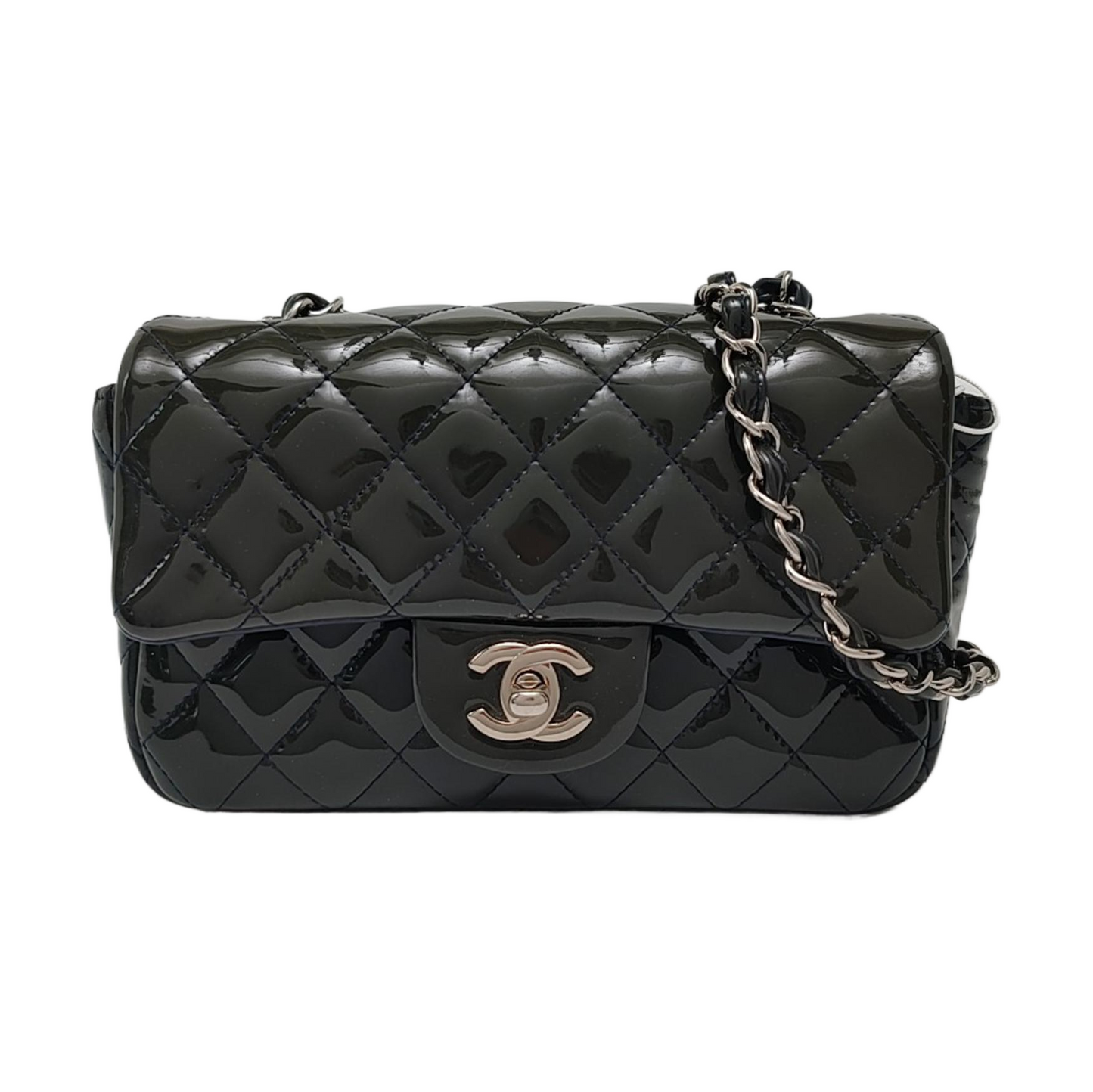 CHANEL CLASSIC FLAP Mini Deep Green Patent Leather Quilted Large Mini Shoulder Bag Silver Hardware 20 Clasp-(SKU)-968080127