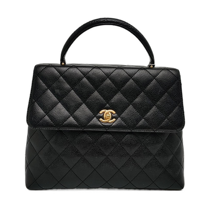 CHANEL VINTAGE KELLY Black Calfskin Quilted Leather Tote Bag Golden Hardware 7 Clasp-(SKU)-966795057