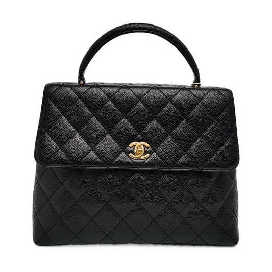 CHANEL VINTAGE KELLY Black Calfskin Quilted Leather Tote Bag Golden Hardware 7 Clasp-(SKU)-966795057