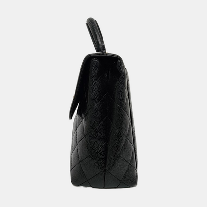 CHANEL VINTAGE KELLY Black Calfskin Quilted Leather Tote Bag Golden Hardware 7 Clasp-(SKU)-966795057