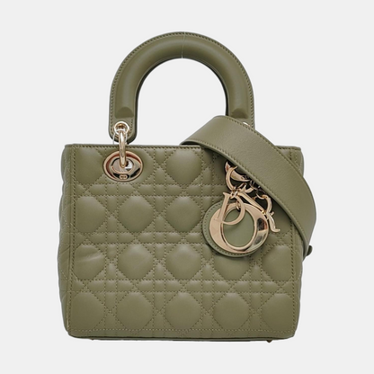 DIOR Lady Dior Small Green Lamb Skin Quilted Cannage Four-Gusset Shoulder Bag with Golden Hardware and Detachable Strap-(SKU)-968039587