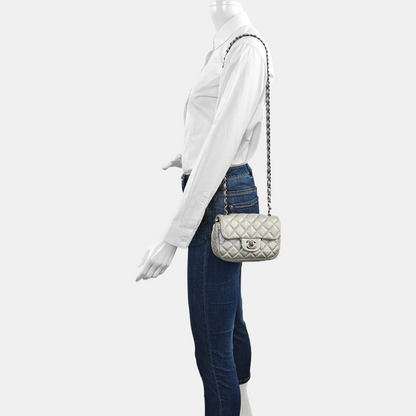 CHANEL CLASSIC FLAP Mini Silver Lamb Skin Quilted Square Crossbody Shoulder Bag Silver Hardware 19 Clasp-(SKU)-968090847