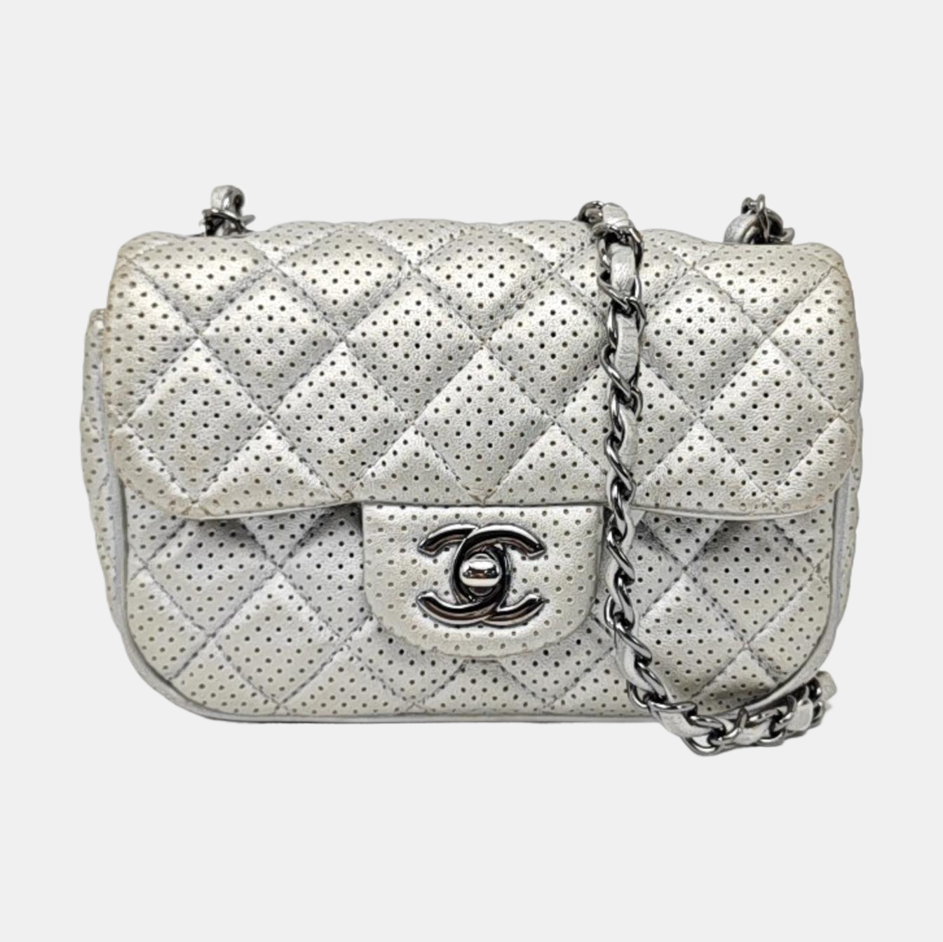 CHANEL CLASSIC FLAP Mini Silver Lamb Skin Quilted Square Crossbody Shoulder Bag Silver Hardware 19 Clasp-(SKU)-968090847