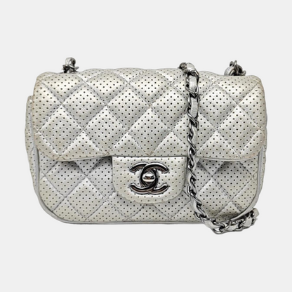 CHANEL CLASSIC FLAP Mini Silver Lamb Skin Quilted Square Crossbody Shoulder Bag Silver Hardware 19 Clasp-(SKU)-968090847