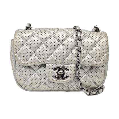 CHANEL CLASSIC FLAP Mini Silver Lamb Skin Quilted Square Crossbody Shoulder Bag Silver Hardware 19 Clasp-(SKU)-968090847