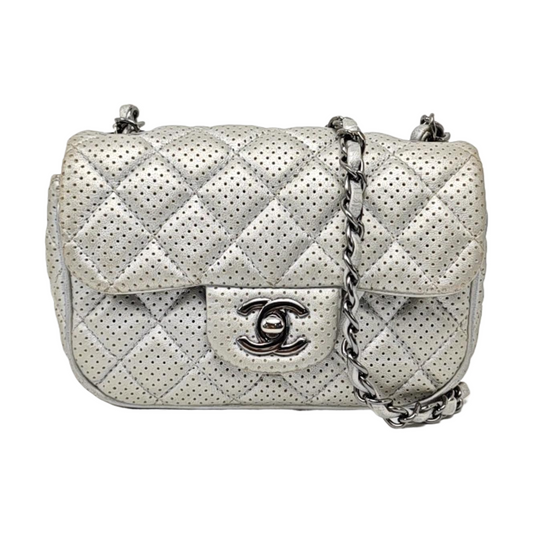 CHANEL CLASSIC FLAP Mini Silver Lamb Skin Quilted Square Crossbody Shoulder Bag Silver Hardware 19 Clasp-(SKU)-968090847
