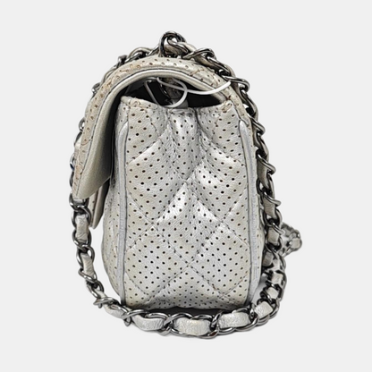 CHANEL CLASSIC FLAP Mini Silver Lamb Skin Quilted Square Crossbody Shoulder Bag Silver Hardware 19 Clasp-(SKU)-968090847